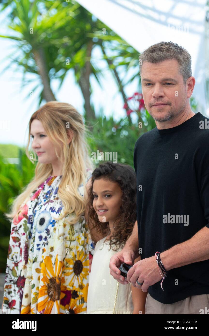 Cannes, France. 9th July 2021. Abigail Breslin, Lilou Siauvaud and Matt Damon attending the Stillwater Photocall as part of the 74th Cannes International Film Festival in Cannes, France on July 09, 2021. Photo by Aurore Marechal/ABACAPRESS.COM Credit: Abaca Press/Alamy Live News Stock Photo