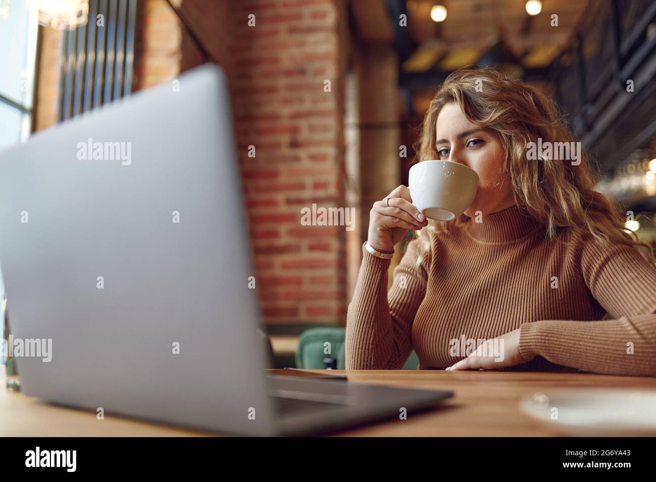 Female freelancer working on laptop and drinking coffee Stock Photo