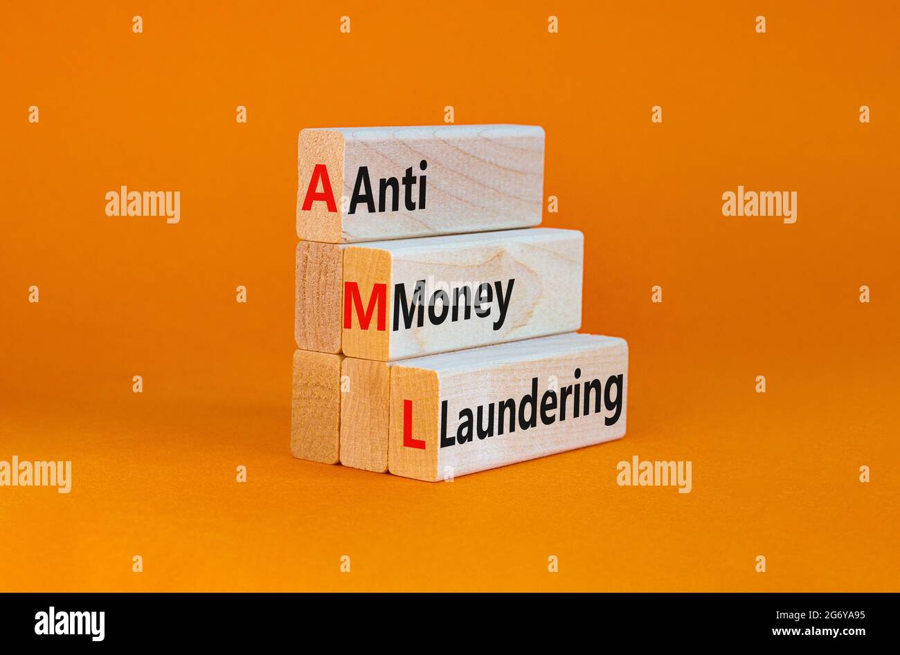 AML, anti-money laundering symbol. Wooden blocks with words AML, anti-money laundering on beautiful orange background. Business, AML, anti-money laund Stock Photo