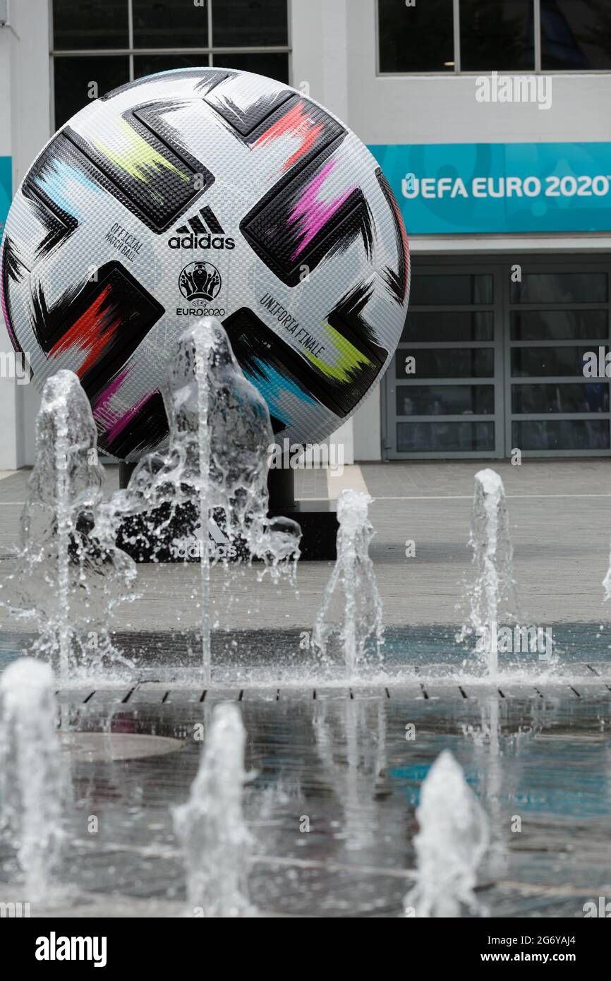 Wembley Stadium, Wembley Park, UK. 9th July 2021.   A giant replica Adidas 'UNIFORIA FINALE' football - the official match ball for the finals - is on display in Arena Square.  60,000 fans are set to descend to Wembley Park to watch England play Italy in the UEFA EURO 2020 Finals at Wembley Stadium on Sunday 11th July.  Amanda Rose/Alamy Live News  Amanda Rose/Alamy Live News  Amanda Rose/Alamy Live News Stock Photo