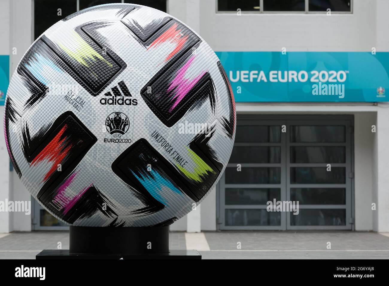 Wembley Stadium, Wembley Park, UK. 9th July 2021. A giant replica Adidas  'UNIFORIA FINALE' football - the official match ball for the finals - is on  display in Arena Square. 60,000 fans