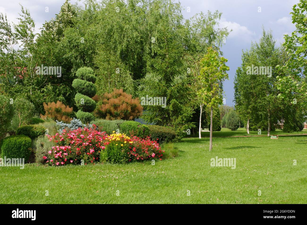 Colorful Bushes and Flowers on Grass Stock Photo