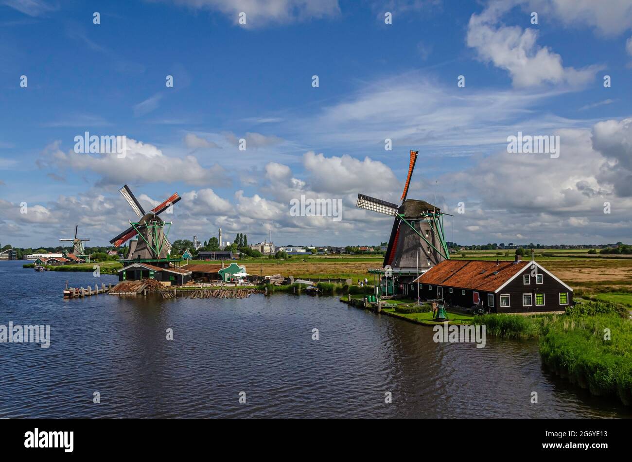 Windmills of Zaanse Schans in Netherlands Stock Photo