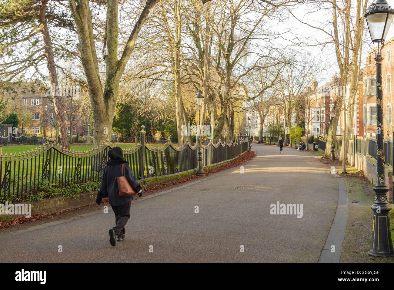 New Walk near University Road and The Oval, shows woman walking down the curving to the left walkway. Tree-lined walkway with railings on the left. Stock Photo