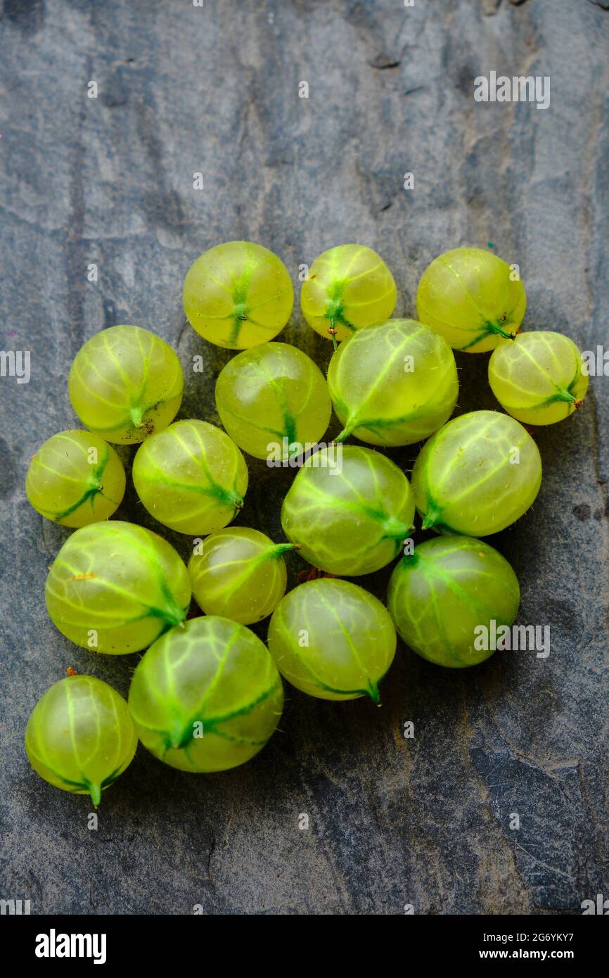 Green grapes on grey slate background Stock Photo