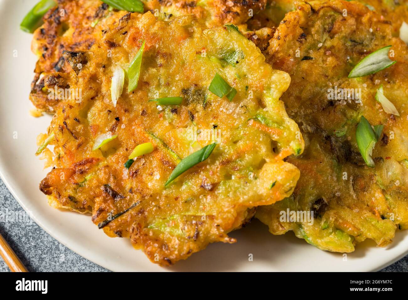 Homemade Korean Vegetable Pancakes with Soy Dipping Sauce Stock Photo