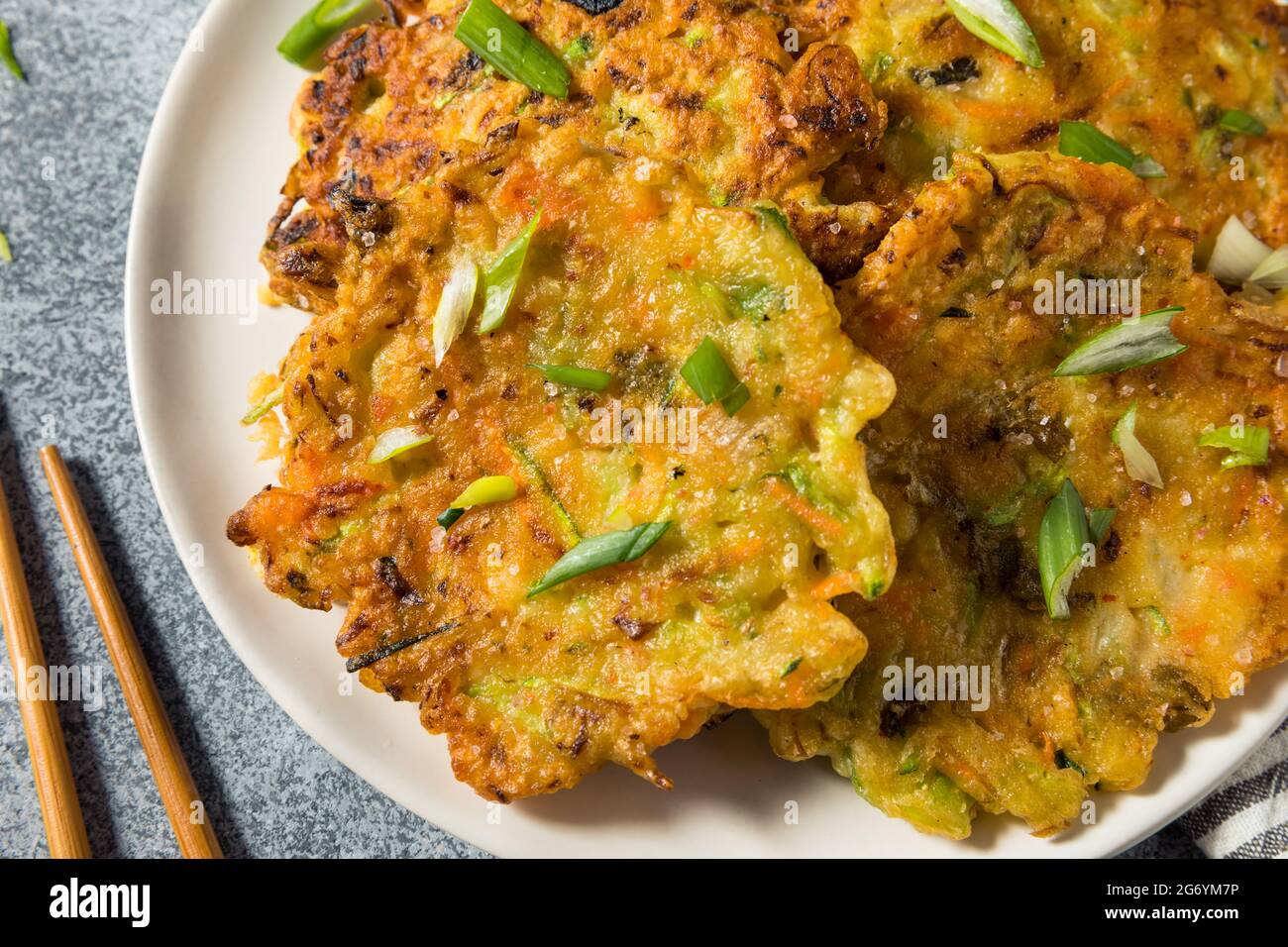 Homemade Korean Vegetable Pancakes with Soy Dipping Sauce Stock Photo