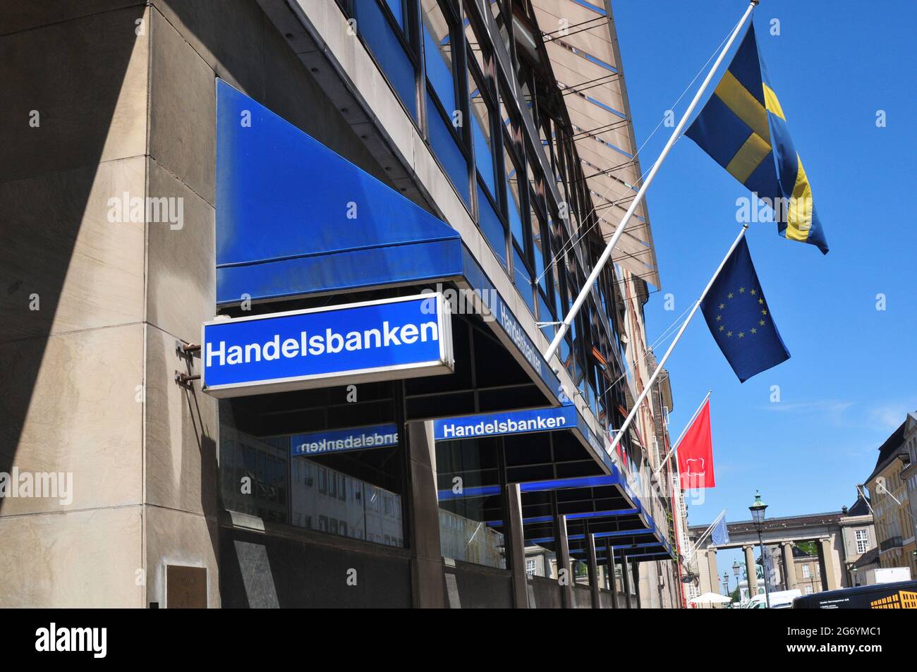Copenhagen /Denmark./ 14.June 2019/ .Swedish Embassy and Swedish Handelsbanken have smae adress in same building Amaliengade in Copenhagen Denmark and swedish flags fly along wit european union blue flag with star on building in Copenhagen Denmark. (Photo..Francis Dean / Deanpictures. Stock Photo