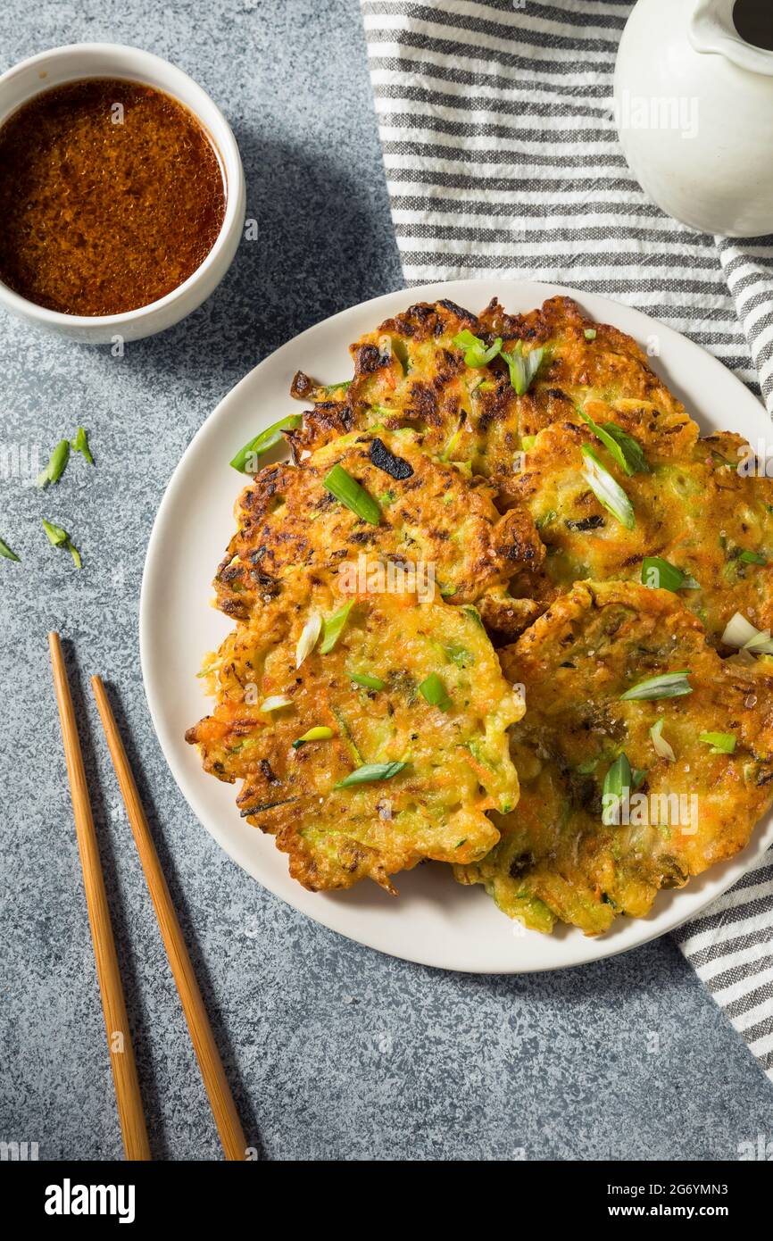 Homemade Korean Vegetable Pancakes with Soy Dipping Sauce Stock Photo
