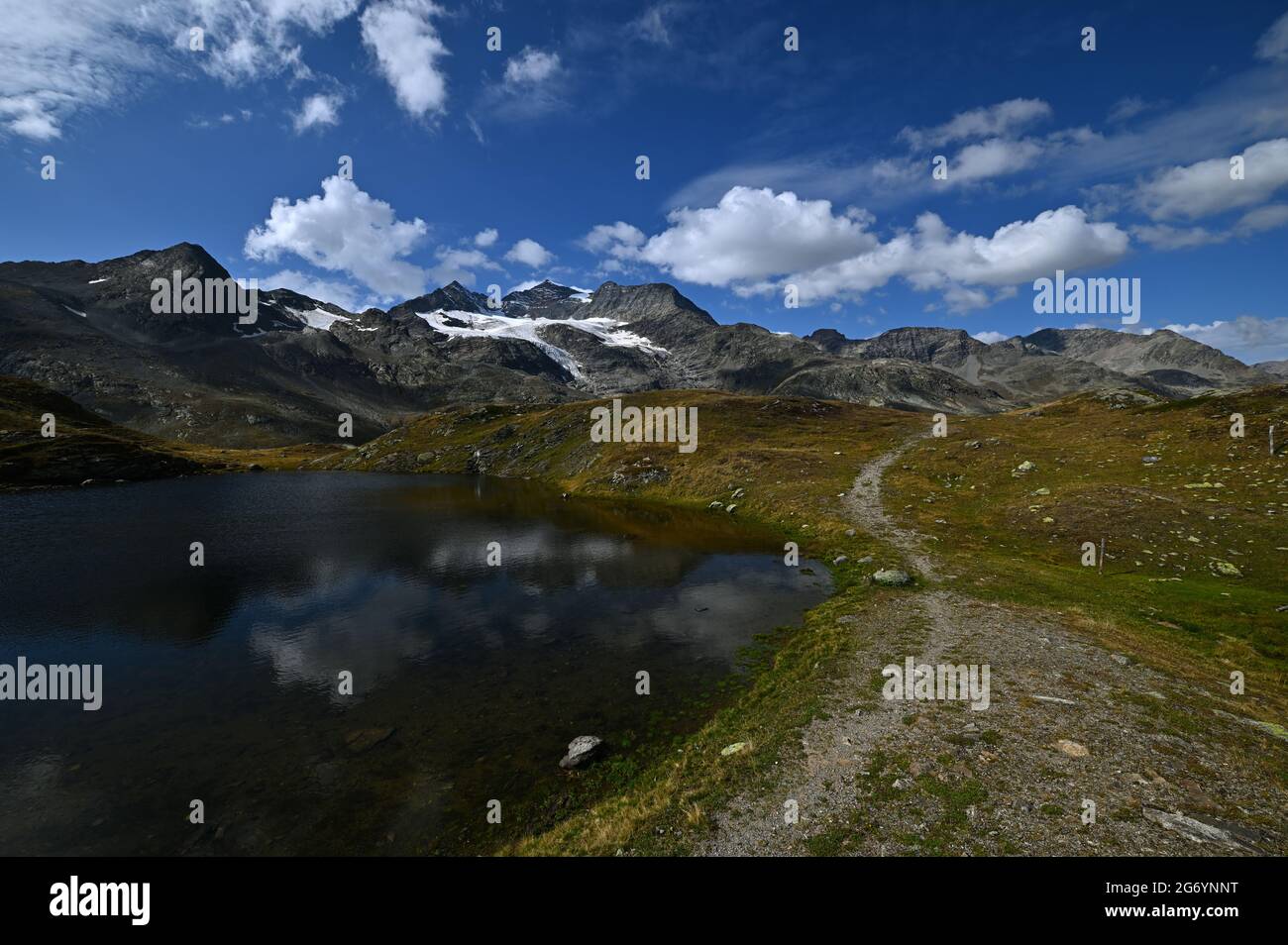 Blick über einen kleinen Bergsee zwischen Lago Bianco und Berninapass Richtung Diavolezza Stock Photo