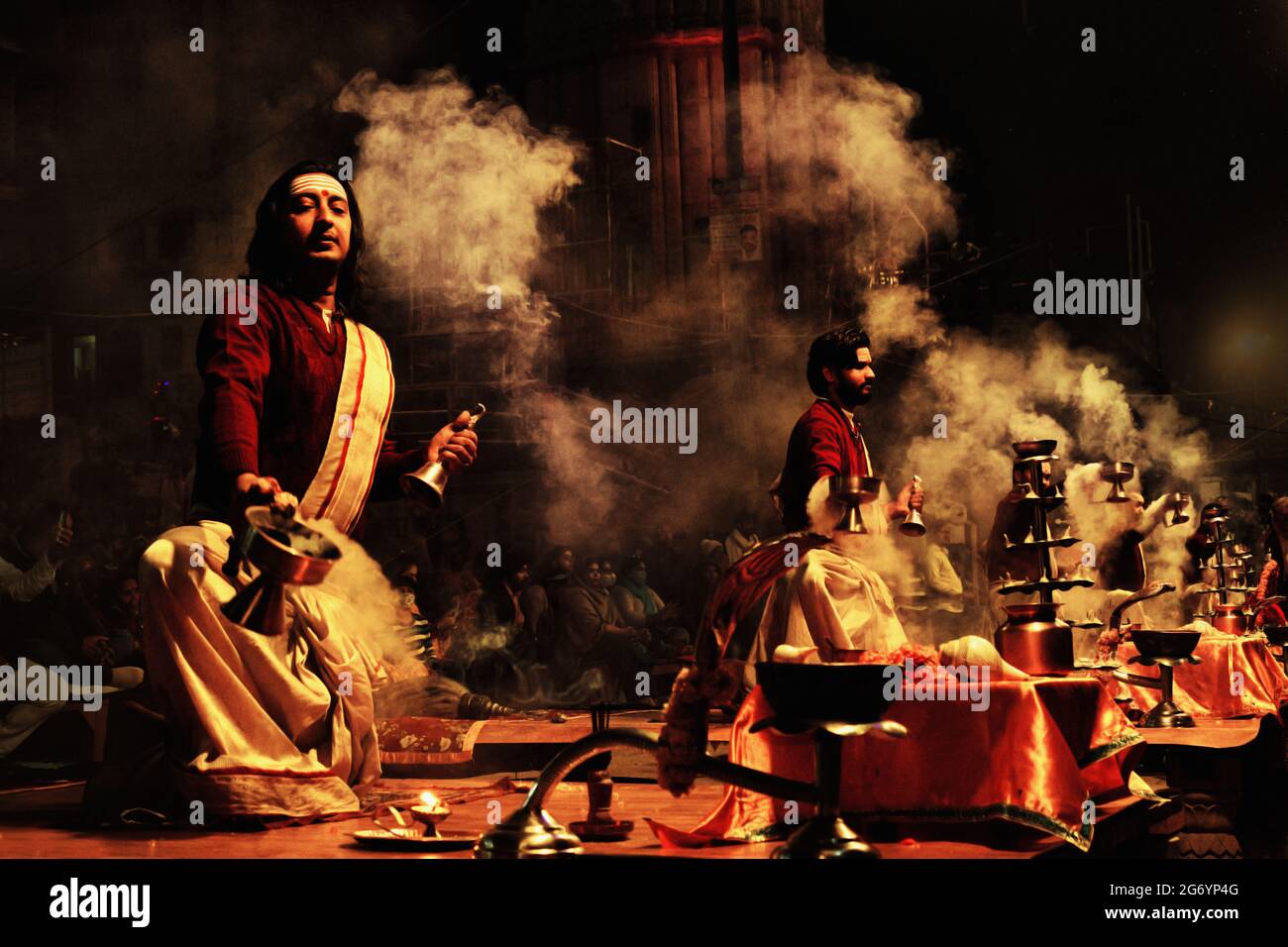 Varanasi, India 01 February 2021 Ganga aarti ceremony rituals performed by Hindu priests at Dashashwamedh Ghat in Varanasi Uttar Pradesh India Stock Photo