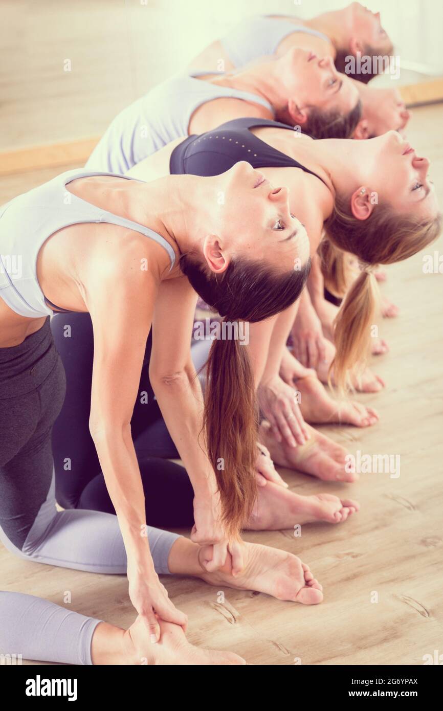 Group of young sporty attractive women in yoga studio, practicing yoga lesson with instructor. Healthy active lifestyle, working out indoors in gym Stock Photo