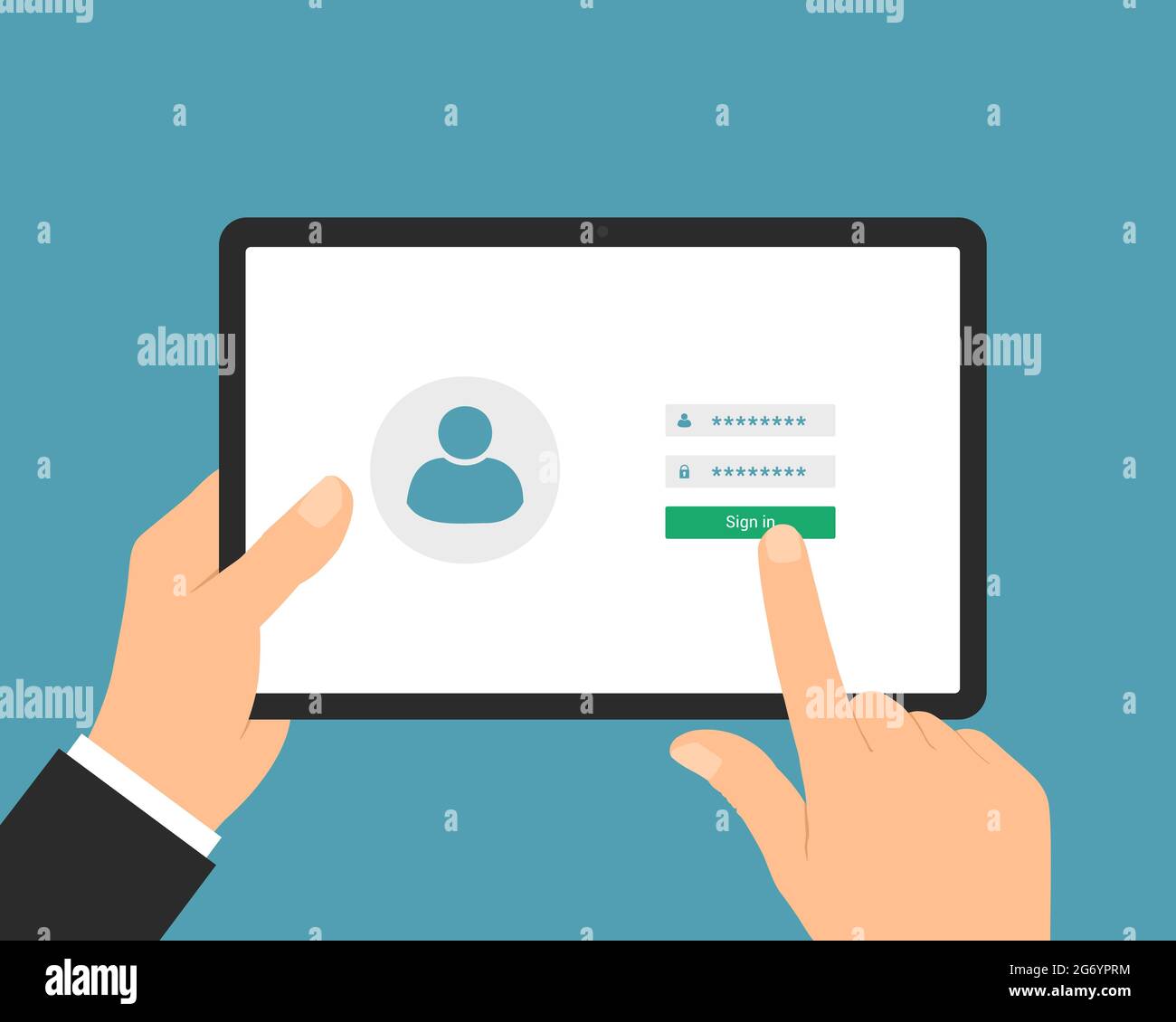Flat design illustration of manager or business hand use digital tablet with touch screen login. Entering username and password - vector Stock Vector