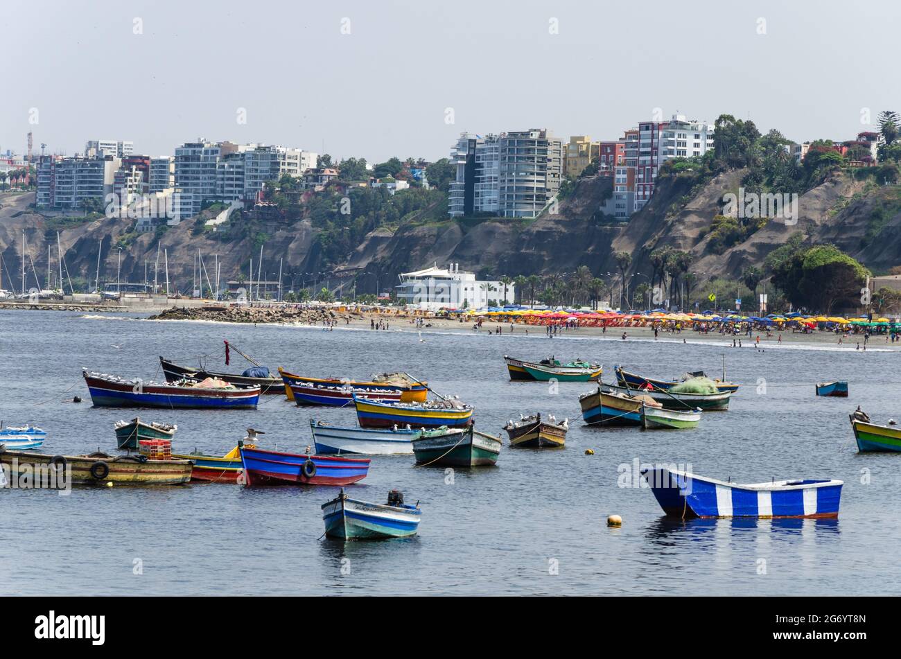 Beautiful boats in the beach Pescadores en Chorrillos , Lima- Peru. Stock Photo
