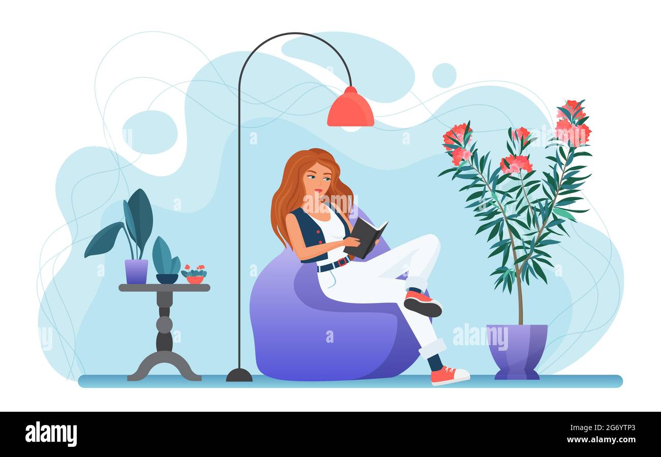 Girl reading book at home vector illustration. Cartoon young woman sitting in modern cozy armchair under lamp to read book from bookstore or library, weekend relaxation alone isolated on white Stock Vector