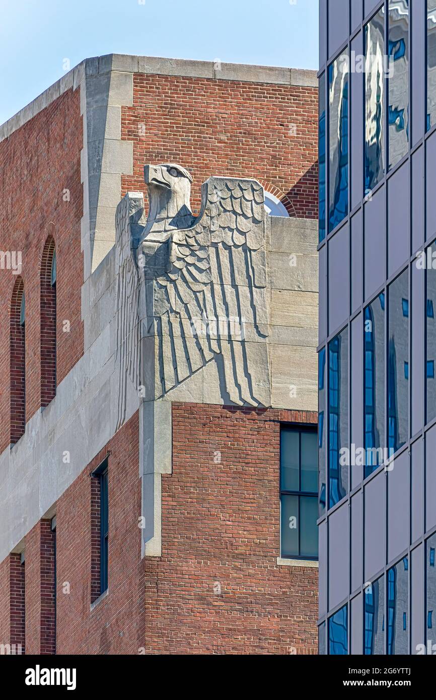 Carved limestone art deco eagle at the Appraisers' Building, 103 South Gay Street. The former federal office building is now rental apartments. Stock Photo