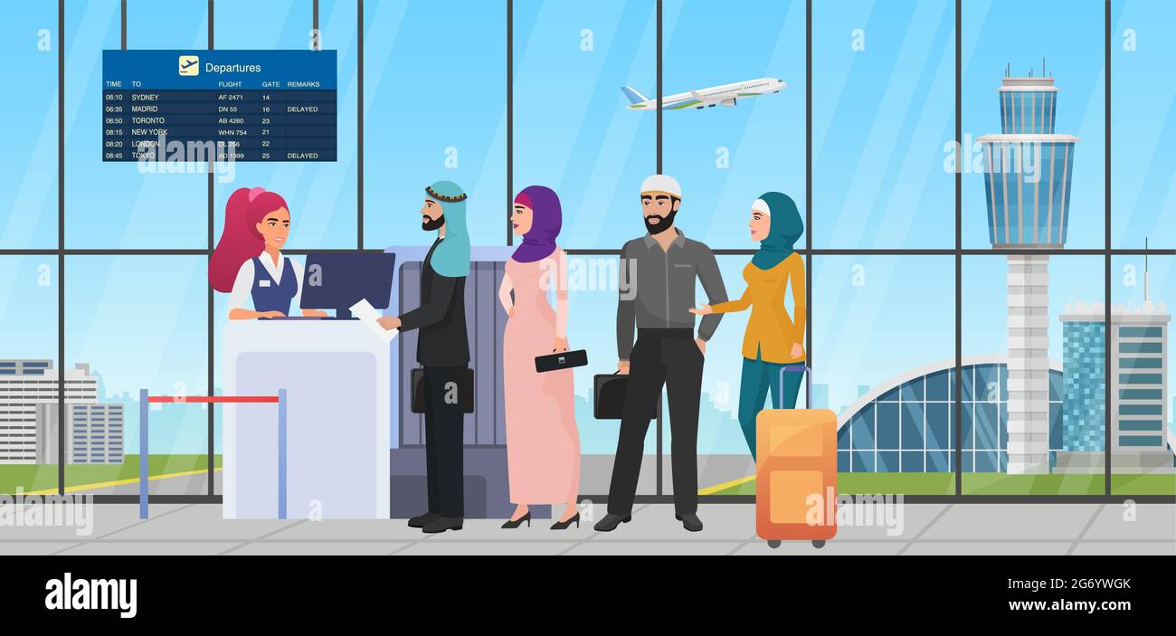 Air flight check queue with saudi arab people vector illustration. Cartoon muslim tourist characters standing in line with travel bag, airline worker checking ticket at airport gate desk background Stock Vector