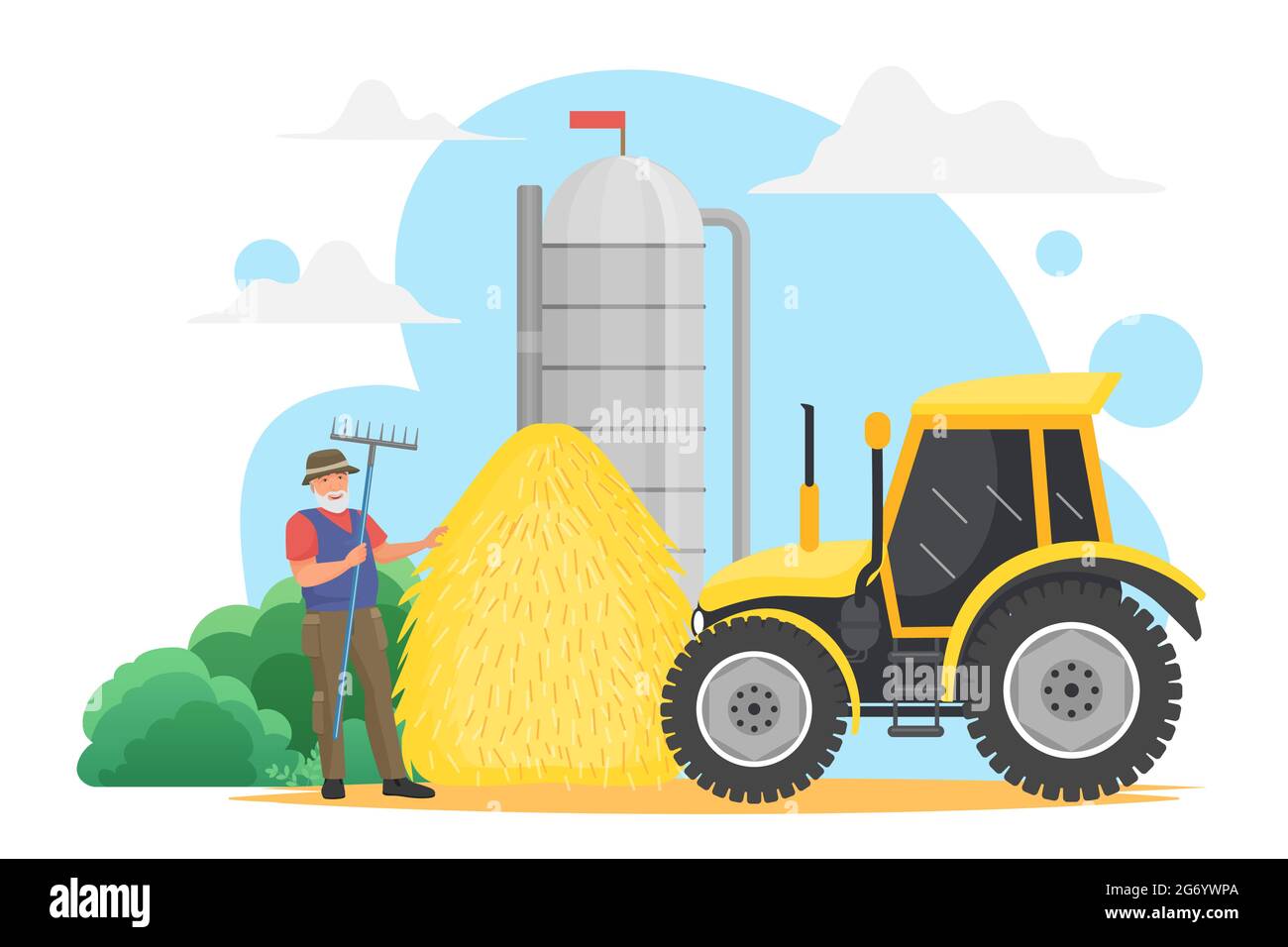 Farmer people work in village, grain harvest agriculture technology vector illustration. Cartoon happy elderly man worker character holding pitchfork, standing near farm silo tank storage and tractor Stock Vector