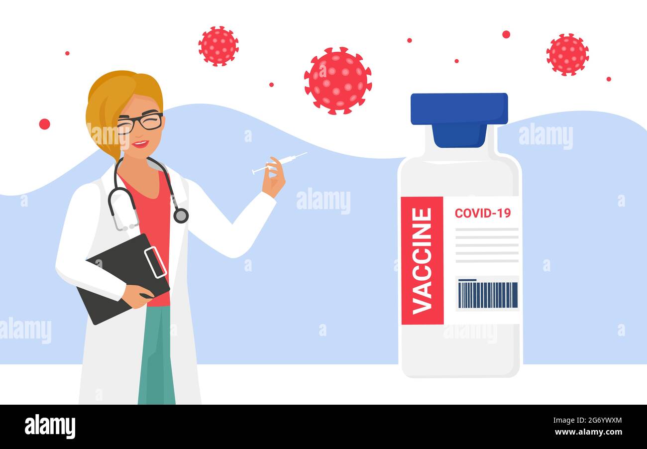Vaccination, coronavirus protection concept with doctor vector illustration. Cartoon happy woman hospital worker character holding syringe injection with vaccine dose, protecting from virus background Stock Vector