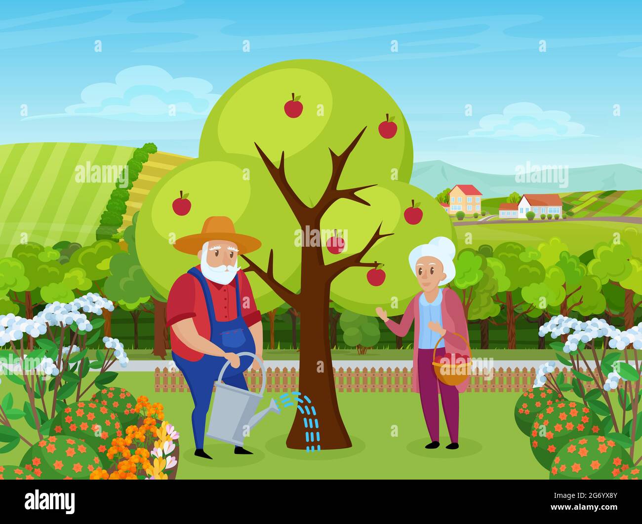 Elderly couple people work in farm garden vector illustration. Cartoon senior man character in hat working, holding watering can to water apple tree, woman standing with basket of fruits background Stock Vector