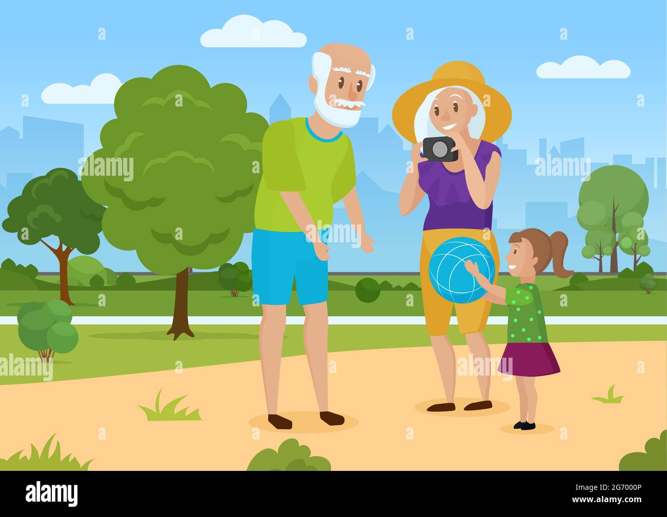 Happy family on summer walk, grandparents and children vector illustration. Cartoon grandmother grandfather and girl child play together, spend fun time in playground of green city park background Stock Vector