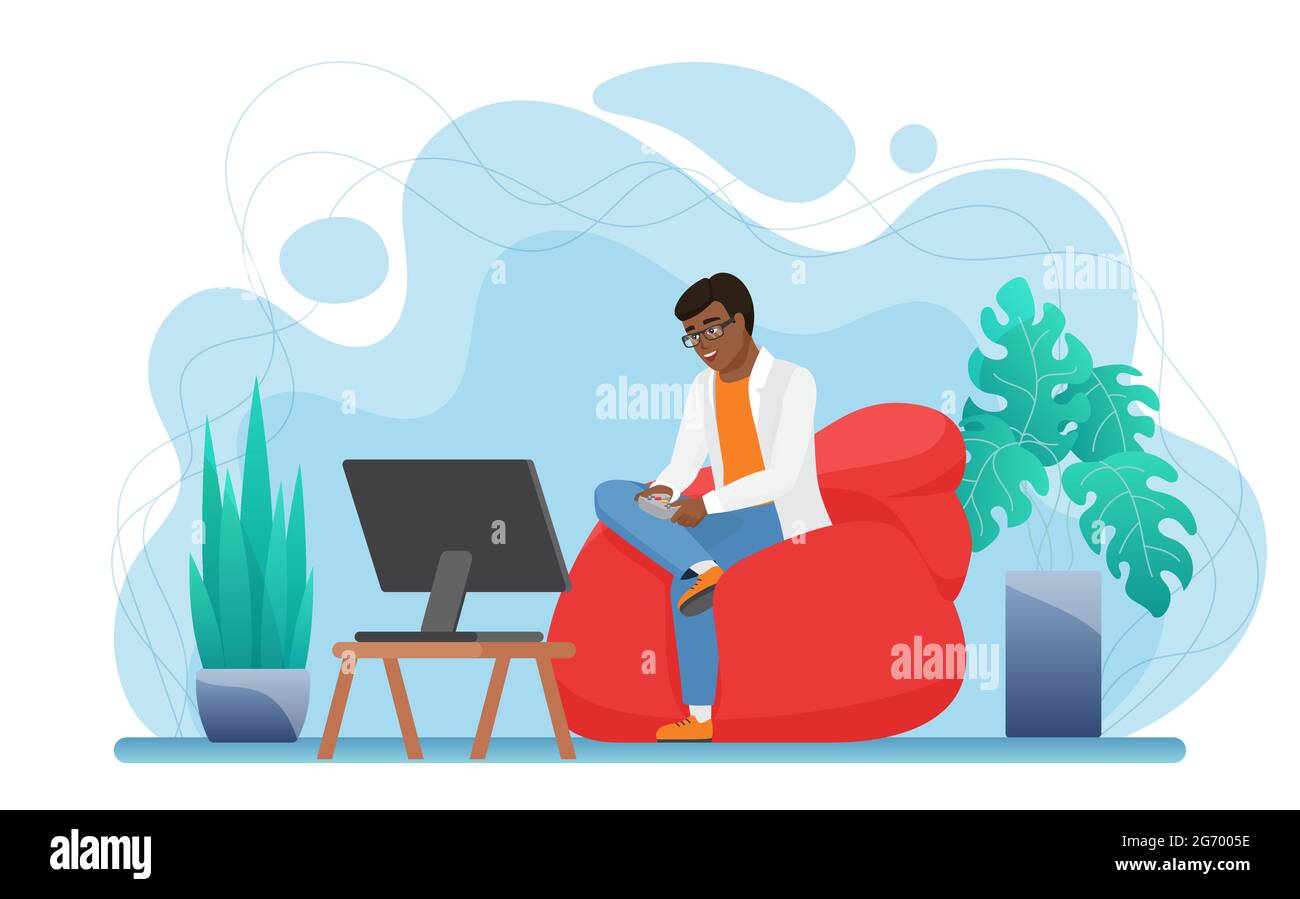 People play video game console at home vector illustration. Cartoon young man gamer character sitting in comfortable armchair, holding gaming controller joystick in hands and playing isolated on white Stock Vector
