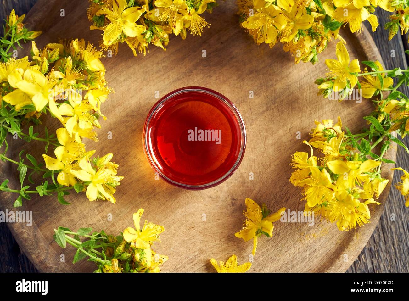 St. John's wort oil in a bowl with fresh plant - natural herbal remedy Stock Photo