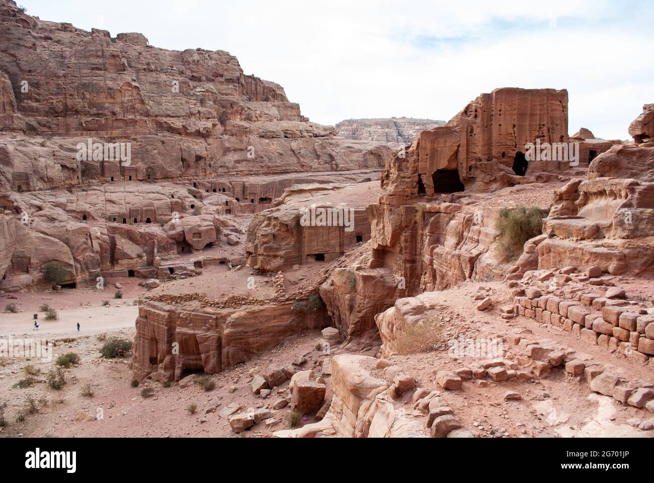 The ancient city of Petra in Jordan became one of the 7 New Wonders of the World. The city's carved rose-red sandstone rock facades, tombs, and temple Stock Photo