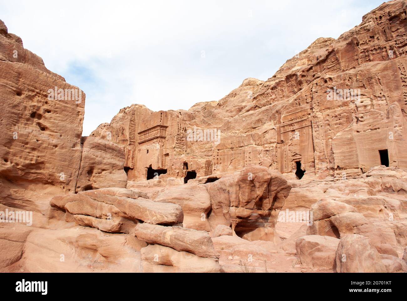 The ancient city of Petra in Jordan became one of the 7 New Wonders of the World. The city's carved rose-red sandstone rock facades, tombs, and temple Stock Photo