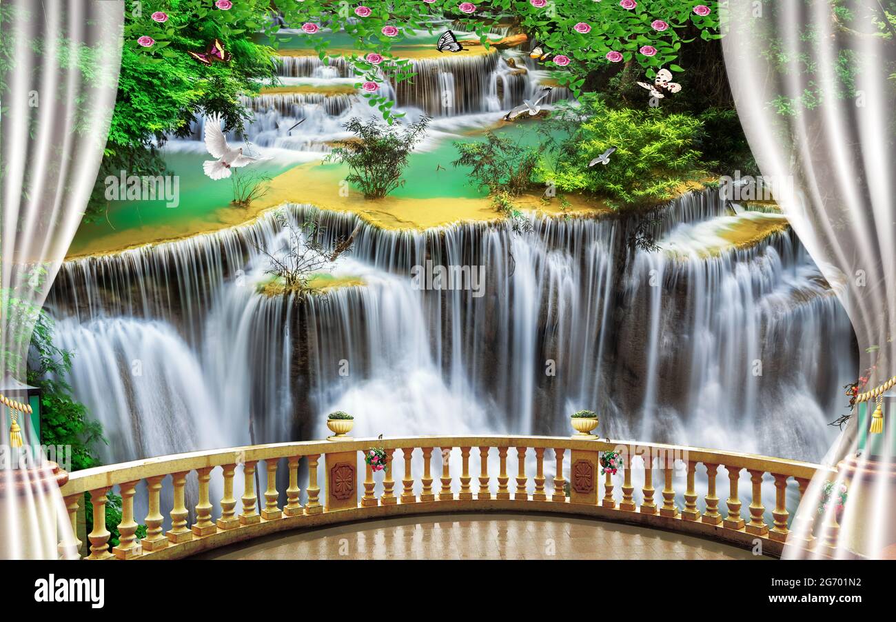 3d mural wallpaper Beautiful view of landscape background from the old  arches, tree, sun, water , birds flowers, waterfall and transparent curtains  wi Stock Photo - Alamy