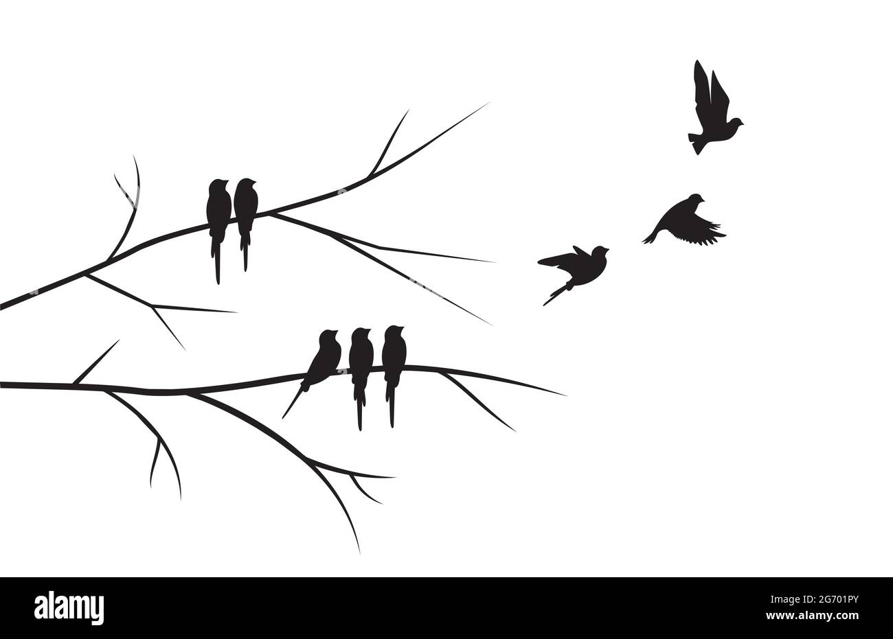 Flying birds silhouettes and birds on branch illustration isolated on