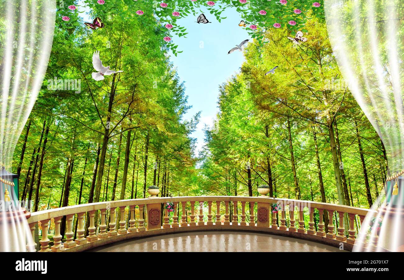 3d mural wallpaper Beautiful view of landscape background from the old  arches, tree, forest, birds flowers and transparent curtains with  flashlights Stock Photo - Alamy