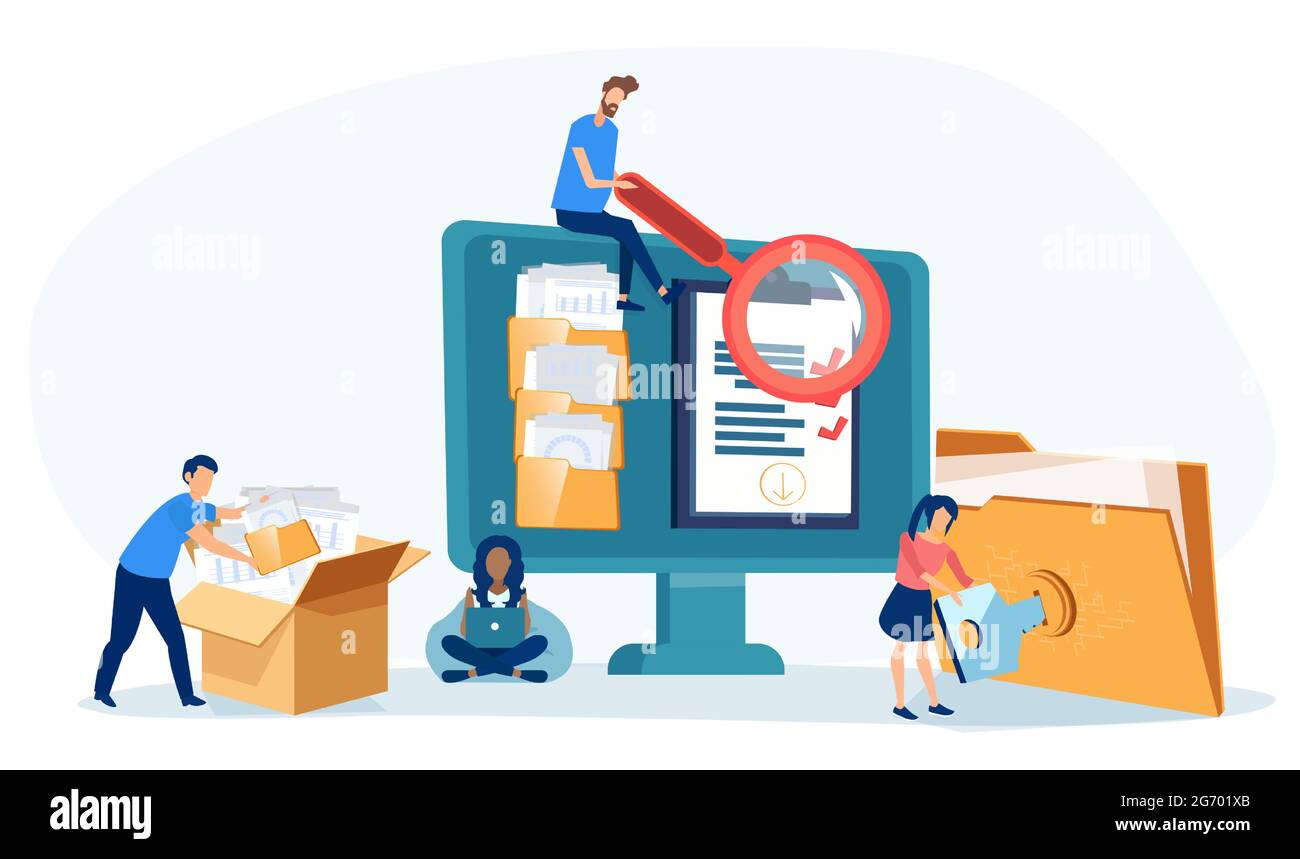 Vector of office employees managing  data base and file archive on computer server searching for documents in database. Stock Vector