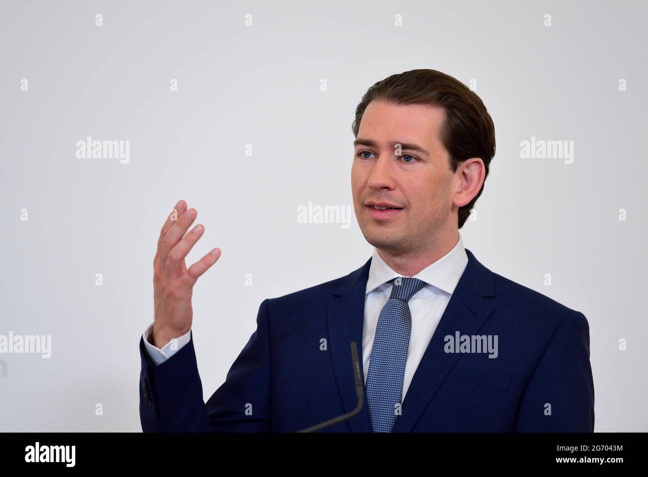 Vienna, Austria. 9th July, 2021.  Media-public appointment of the Federal Government in the Federal Chancellery on July 9th, 2021. Topic: Corona Taskforce to prepare for autumn. Picture shows Chancellor Sebastian Kurz. Stock Photo