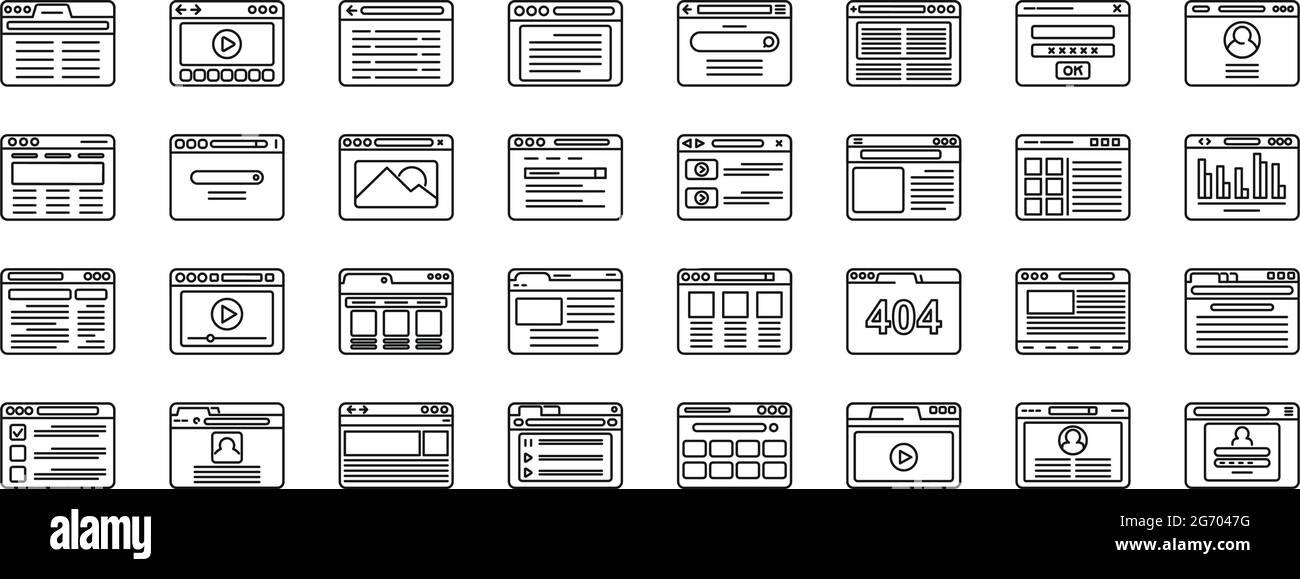 Window browser icons set outline vector. Computer arrow bar Stock Vector