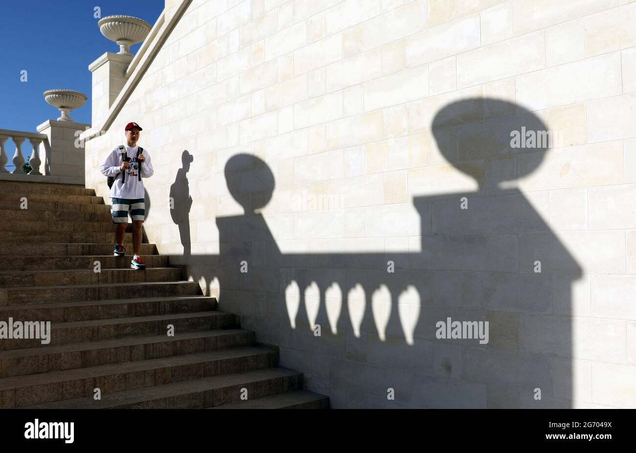 Crimea Russia 9th July 21 A Young Man Walks Down The Great Mithridates Staircase In Kerch Eastern Crimea Repair And Restoration Works Complete Numbering 432 Steps And Built In The Mid 19th Century Crimea Russia 9th July 21 A Young Man Walks Down The Great Mithridates Staircase In Kerch Eastern Crimea Repair And Restoration Works Complete Numbering 432 Steps And Built In The Mid 19th Century