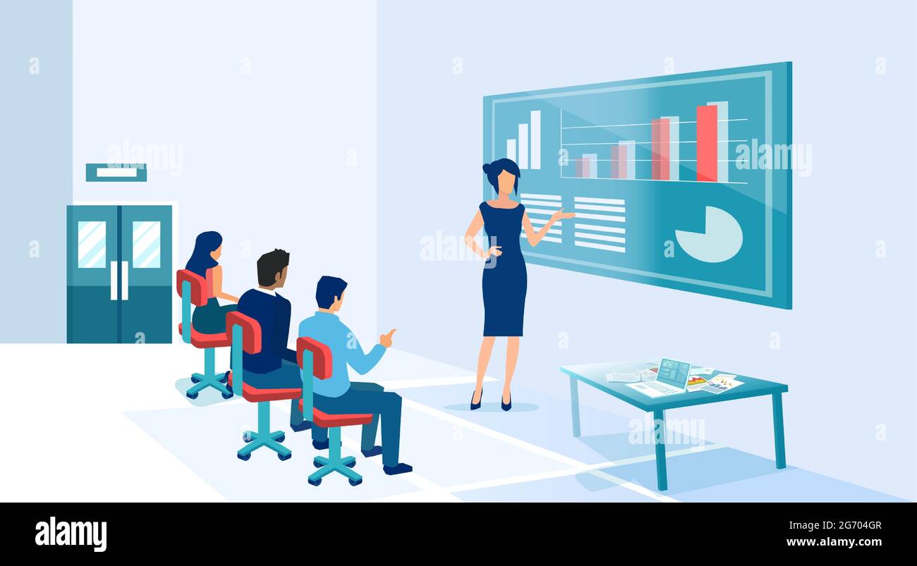 Vector of a businesswoman coach presenting charts and financial reports to employees at a seminar or a conference. Stock Vector