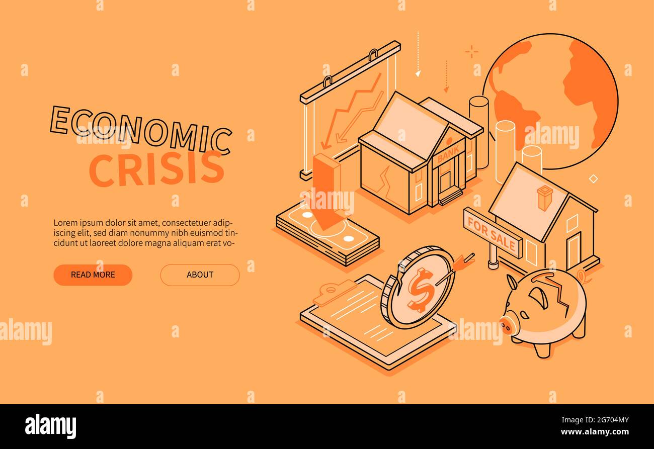 Economic crisis - line design style isometric web banner. Failure and unreliable financial investments header. House for sale, fall in exchange rates, Stock Vector