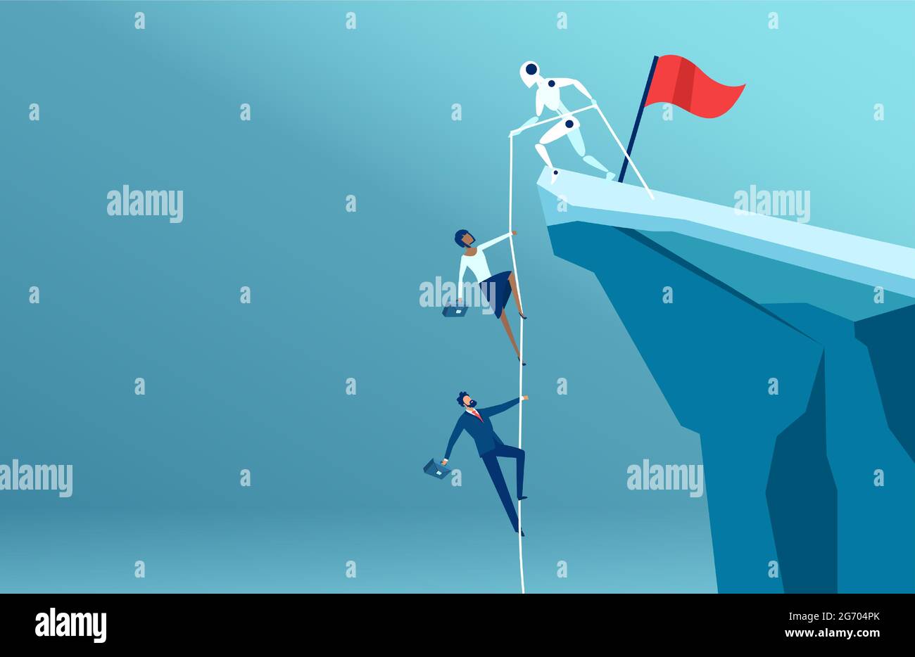 Vector of a robot helping business people to climb to the top of the mountain Stock Vector
