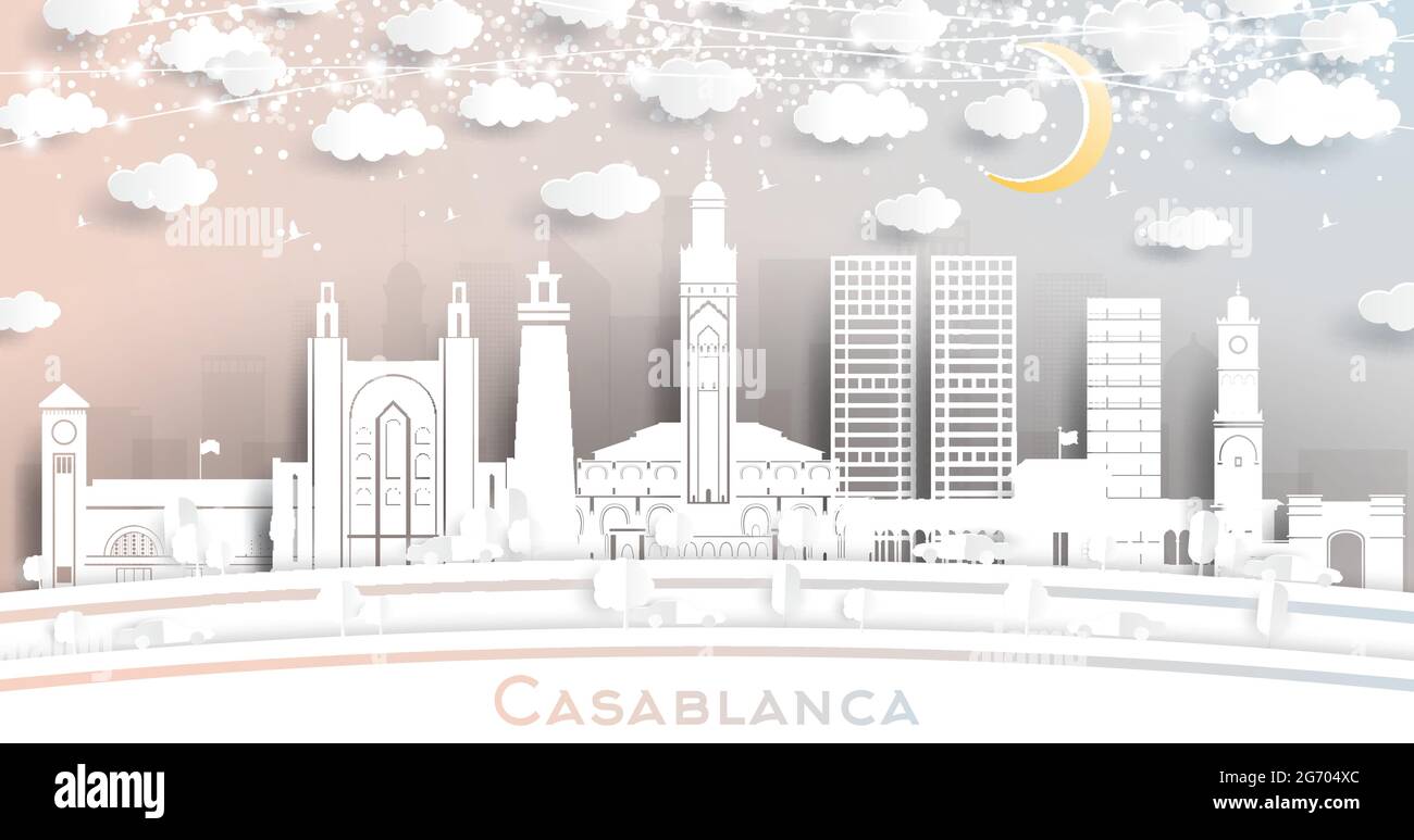 Casablanca Morocco City Skyline in Paper Cut Style with White Buildings, Moon and Neon Garland. Vector Illustration. Travel and Tourism Concept. Stock Vector