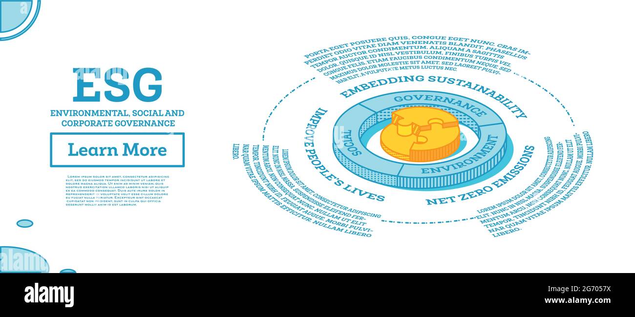 ESG Concept of Environmental, Social and Governance. Vector Illustration. Sustainable Development. Isometric Outline Concept. Blue Color. Stock Vector