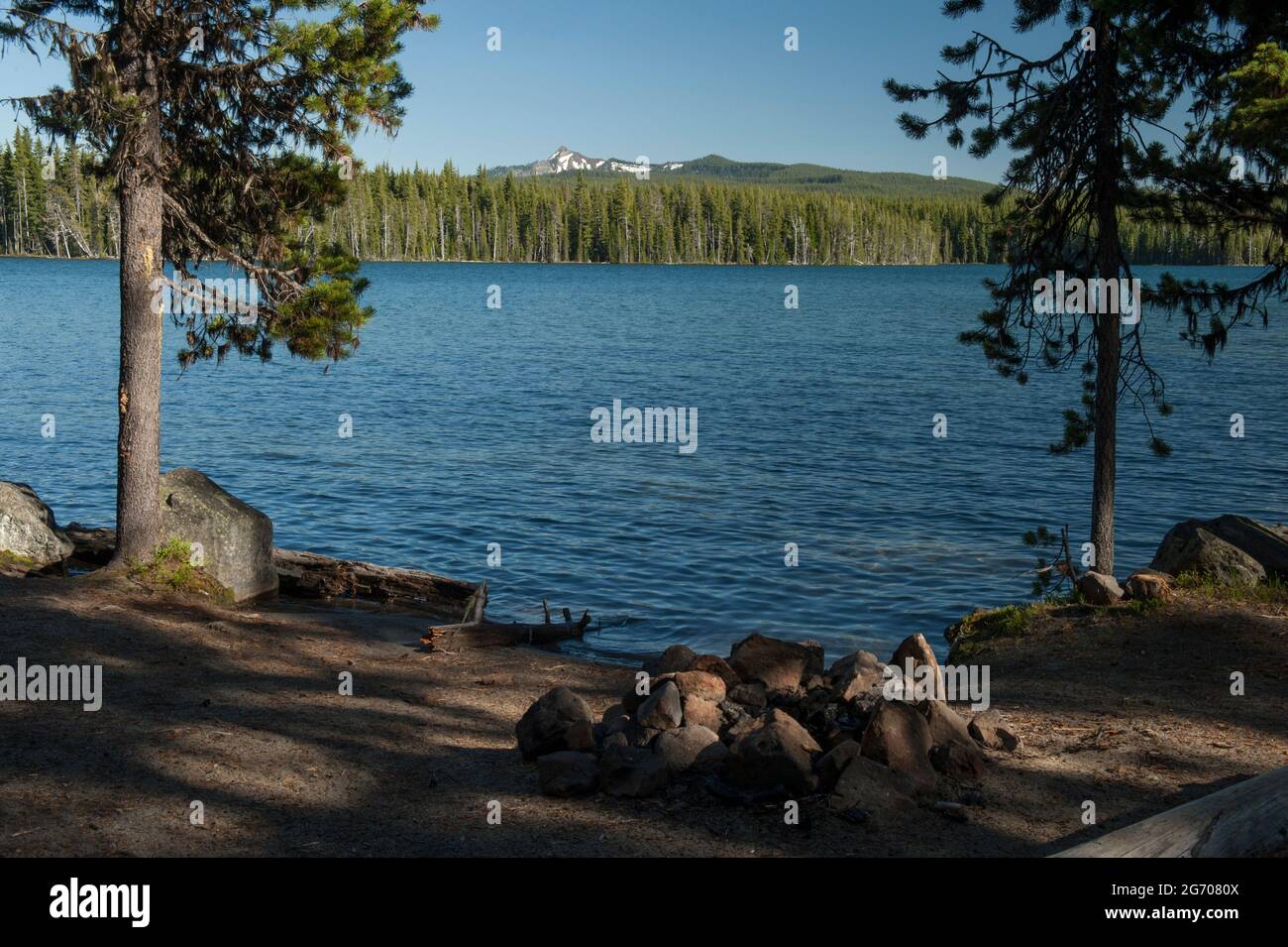 An illegal fire pit (less than 100 feet from the shore) at Oregon's Summit Lake, in the Deschutes National Forest Stock Photo
