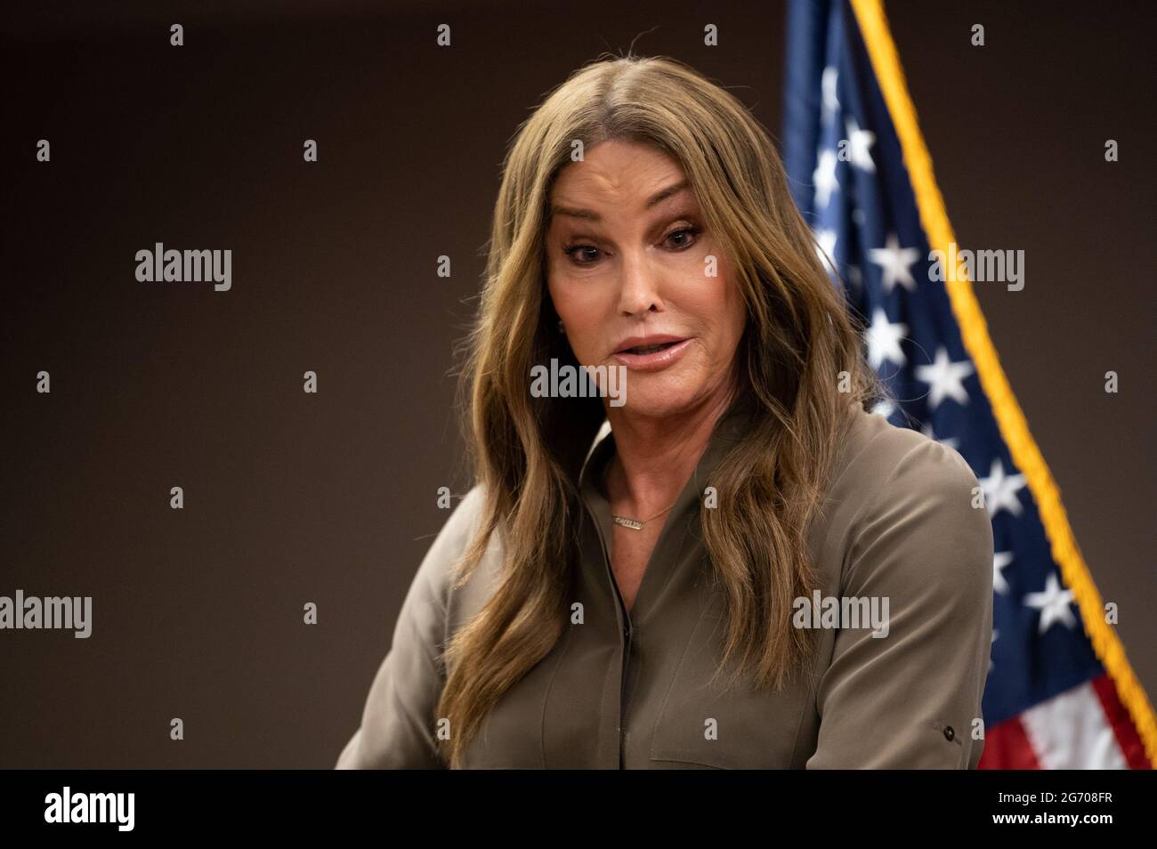 Sacramento, CA, USA. 9th July, 2021. Caitlyn Jenner, Candidate for Governor of California, meets the media to ensure the laws governing the recall election are enforced and uniformly applied on Friday, July 9, 2021 in Sacramento. Credit: Paul Kitagaki Jr./ZUMA Wire/Alamy Live News Stock Photo