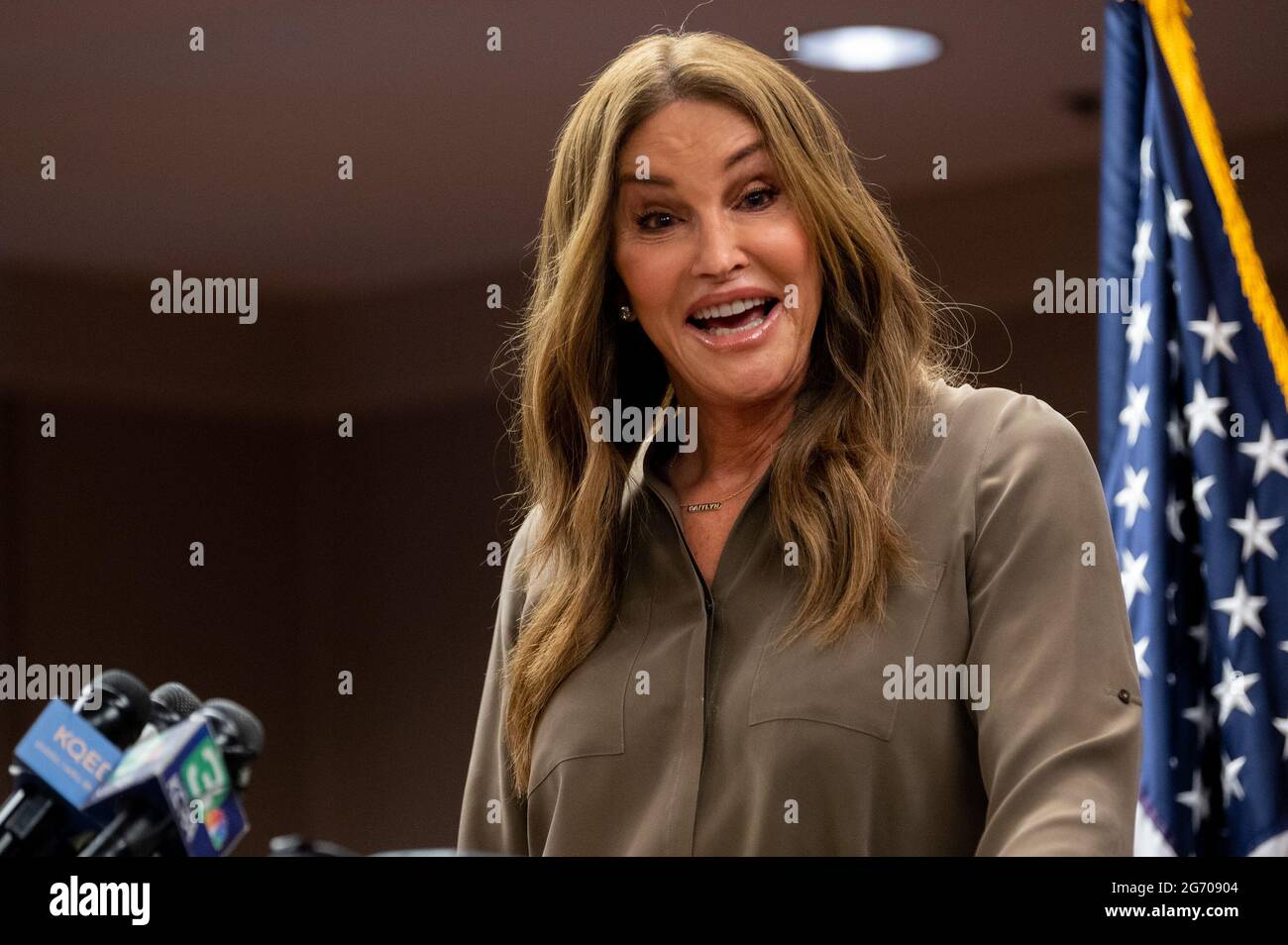 Sacramento, CA, USA. 9th July, 2021. Caitlyn Jenner, Candidate for Governor of California, meets the media to ensure the laws governing the recall election are enforced and uniformly applied on Friday, July 9, 2021 in Sacramento. Credit: Paul Kitagaki Jr./ZUMA Wire/Alamy Live News Stock Photo