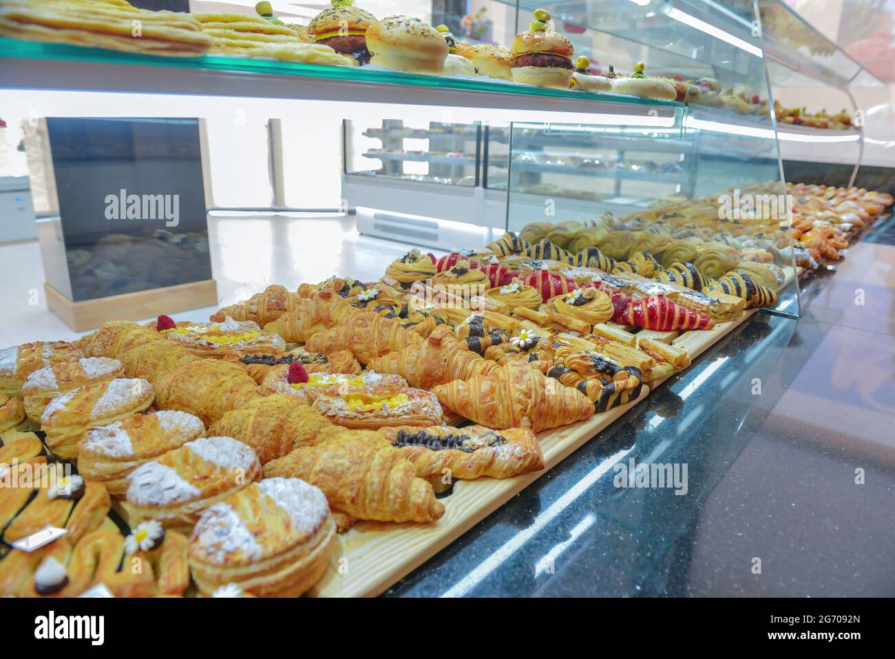 Bakery bread pastry sweets display window case Stock Photo