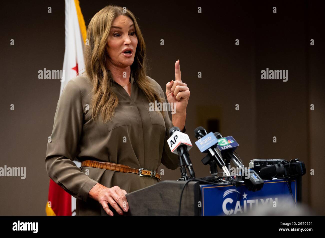 Sacramento, CA, USA. 9th July, 2021. Caitlyn Jenner, Candidate for Governor of California, meets the media to ensure the laws governing the recall election are enforced and uniformly applied on Friday, July 9, 2021 in Sacramento. Credit: Paul Kitagaki Jr./ZUMA Wire/Alamy Live News Stock Photo