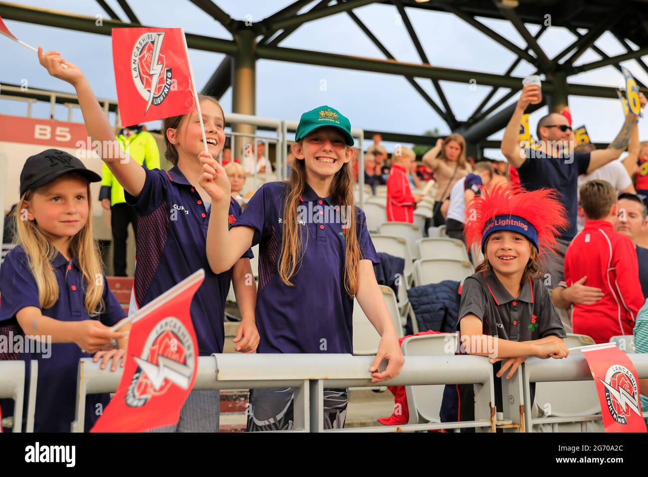 Manchester, UK. 09th July, 2021. The crowd enjoying a night out at the T20 cricket at Old Trafford in Manchester, United Kingdom on 7/9/2021. (Photo by Conor Molloy/News Images/Sipa USA) Credit: Sipa USA/Alamy Live News Stock Photo