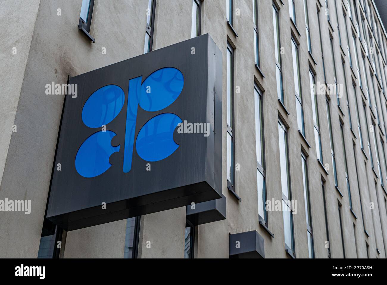 Sign of the Organization of the Petroleum Exporting Countries (OPEC) at the headquarters building in Vienna, Austria Stock Photo