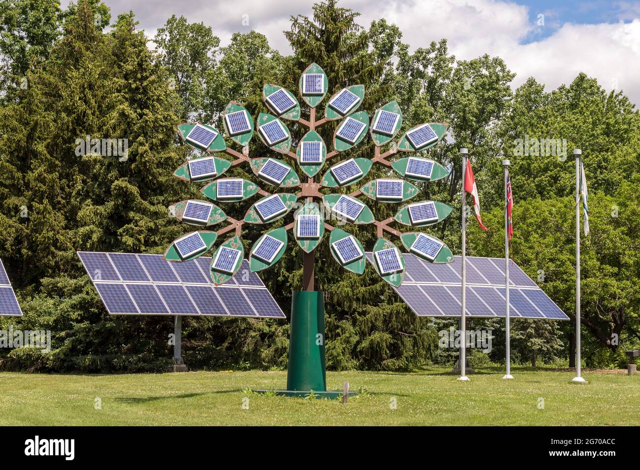 Solar panels on the leaves of a tree shaped metal structure. Three solar panels and flags, including the Canadian flag, in the background. Stock Photo