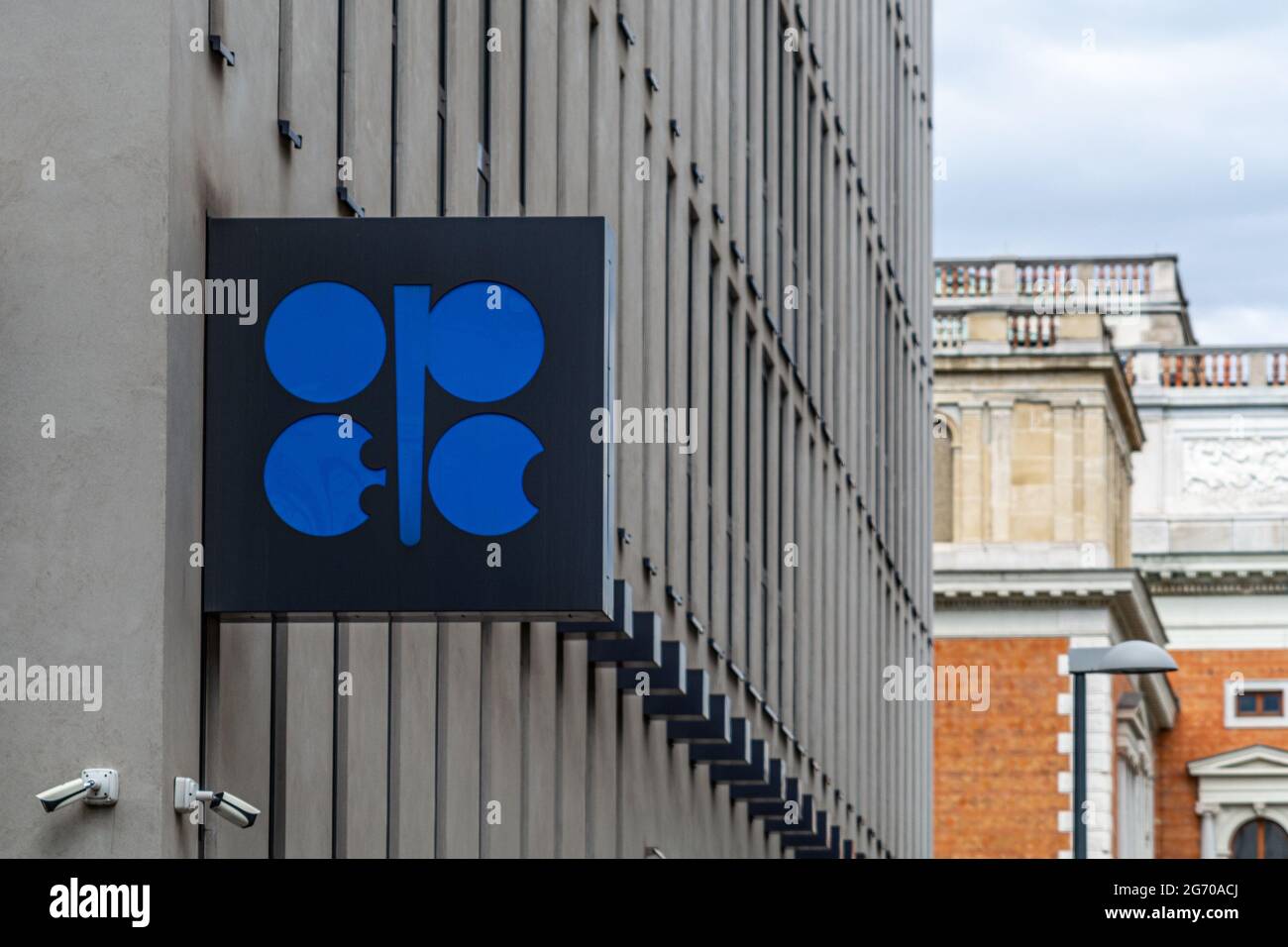 Sign of the Organization of the Petroleum Exporting Countries (OPEC) at the headquarters building in Vienna, Austria Stock Photo